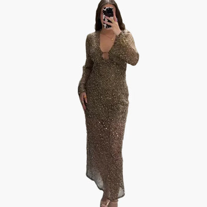Damen Paillettenkleid mit tiefem Ausschnitt und eleganter Silhouette – Perfekt für festliche Anlässe