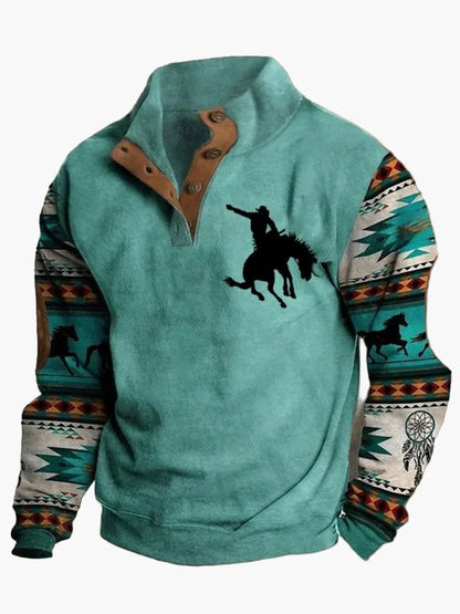Herren Retro Cowboy Sweatshirt mit Digitaldruck und Stehkragen – Western Casual Pullover für Outdoor und Freizeit