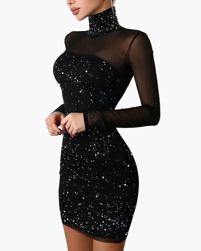 Damen Elegantes Bodycon Minikleid mit Sternenmuster und Mesh-Ärmeln – Perfekt für Partys und besondere Anlässe