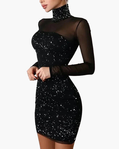 Damen Elegantes Bodycon Minikleid mit Sternenmuster und Mesh-Ärmeln – Perfekt für Partys und besondere Anlässe