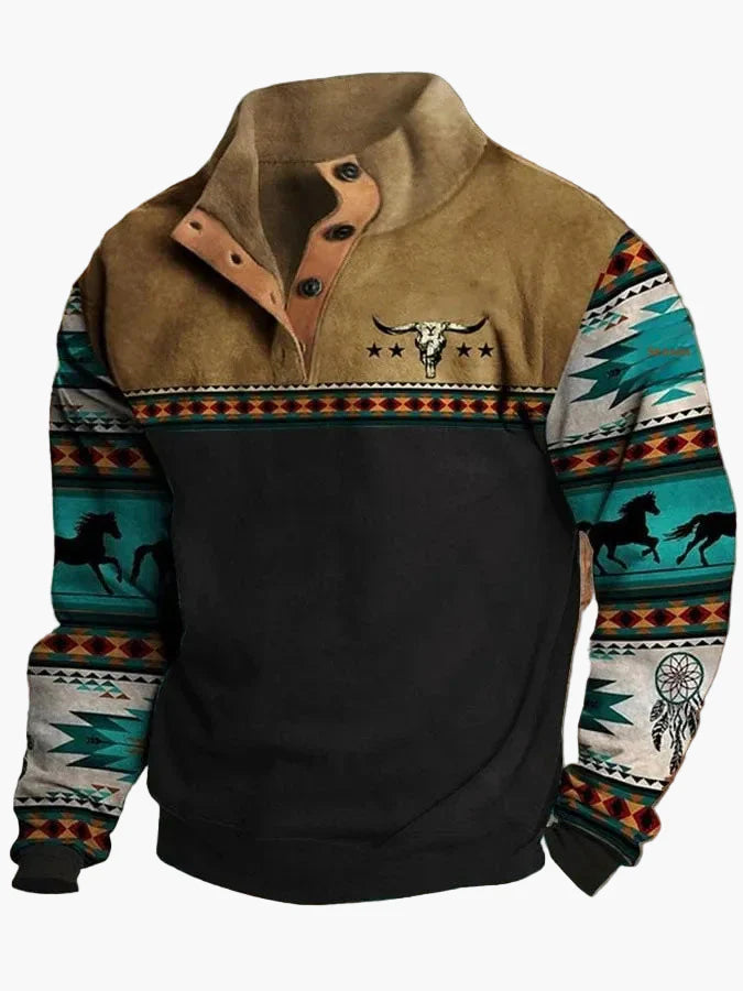 Herren Vintage Western Sweatshirt mit Ethno-Muster und Stehkragen – Freizeitpullover