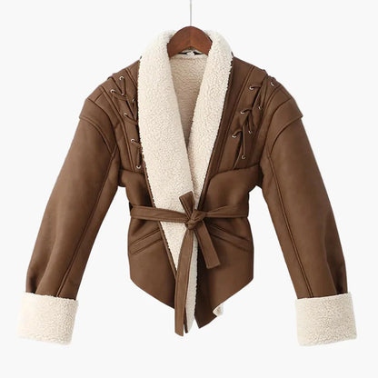 Damen Kurze Wickeljacke mit Plüschkragen – Modische Outdoor-Jacke für Herbst und Winter