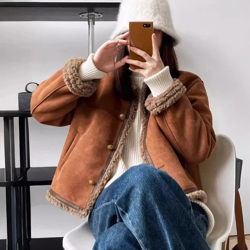 Damen Winterjacke Kurze Vintage-Style Freizeitjacke mit Kunstfellbesatz – Modisch & Warm für Alltag und Outdoor