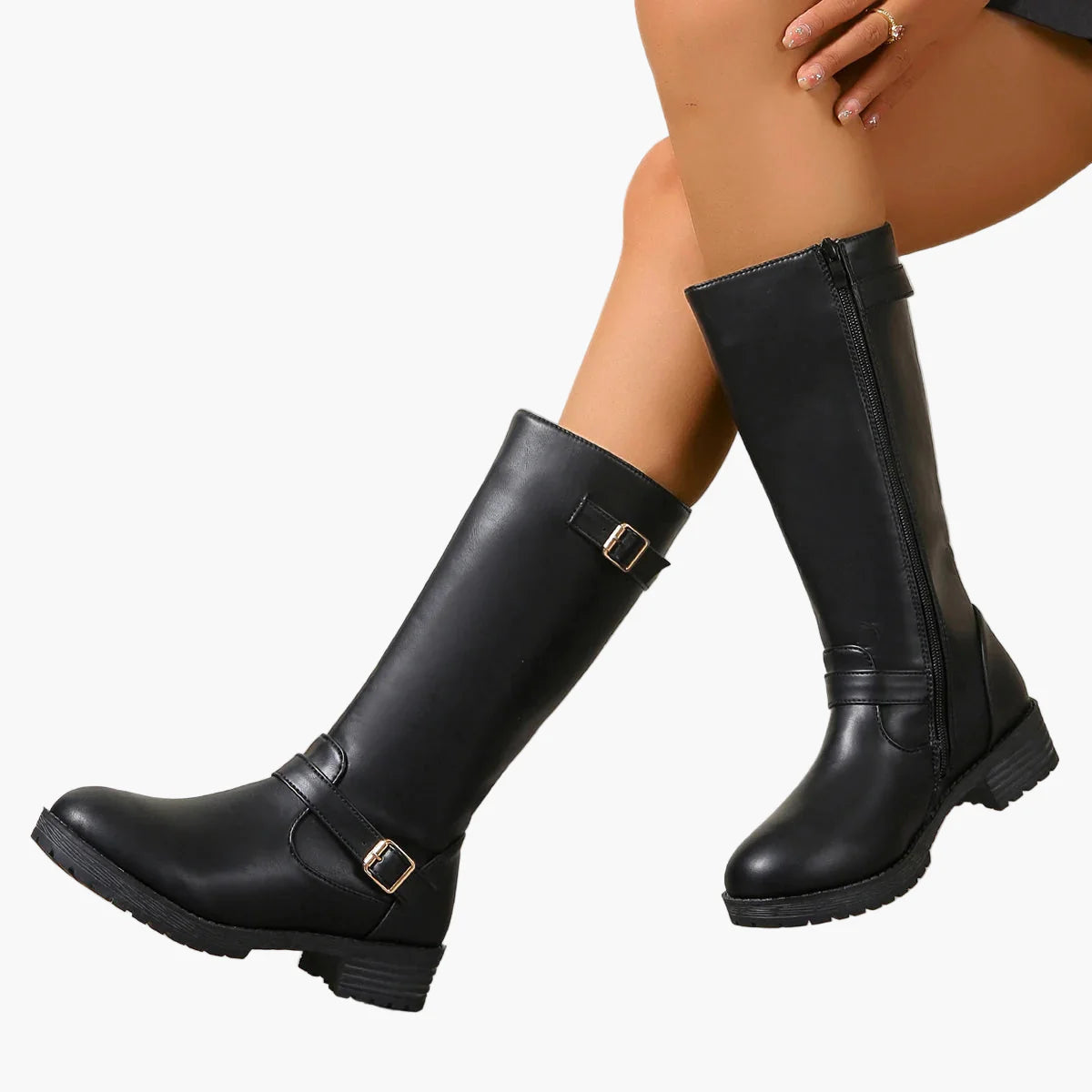 Damen Kniehohe Stiefel mit Schnallen und Blockabsatz – Elegante Alltagsschuhe für Herbst und Winter