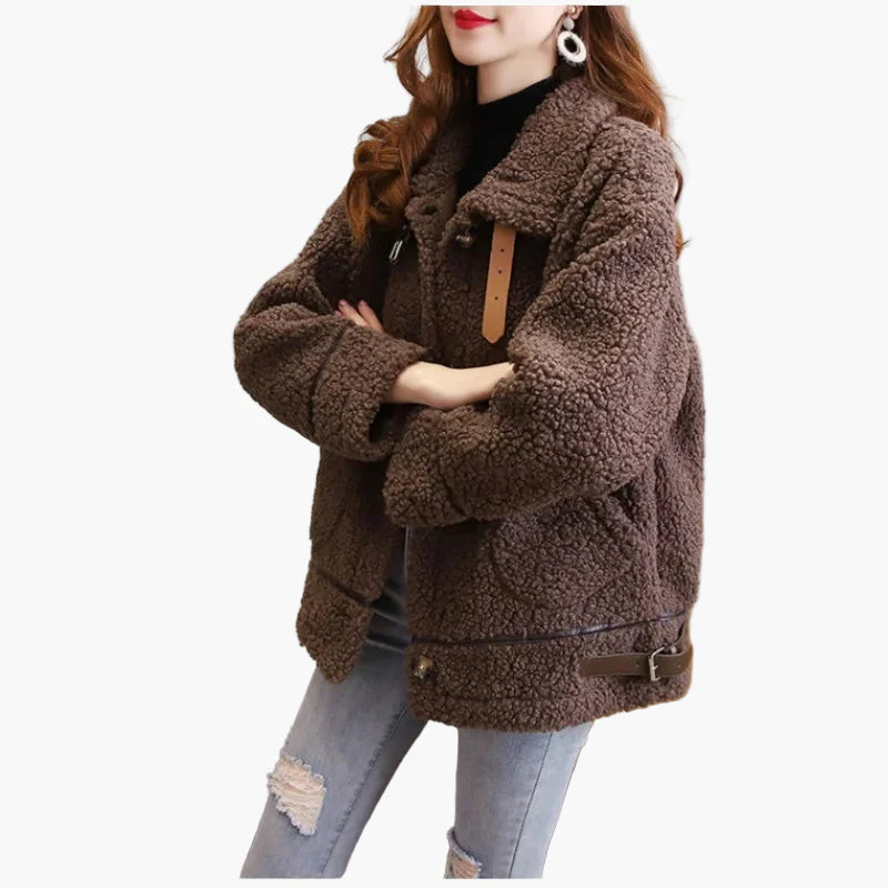 Damen Teddyfell Übergangsjacke mit Stehkragen – Modische Freizeitjacke für Herbst und Winter