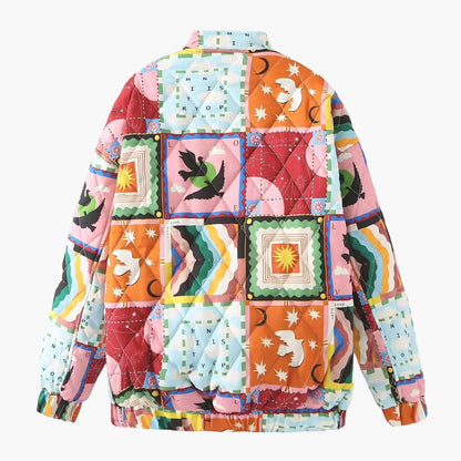 Damen Patchwork Bomberjacke im Vintage-Stil – Modische Übergangsjacke mit Grafikprint