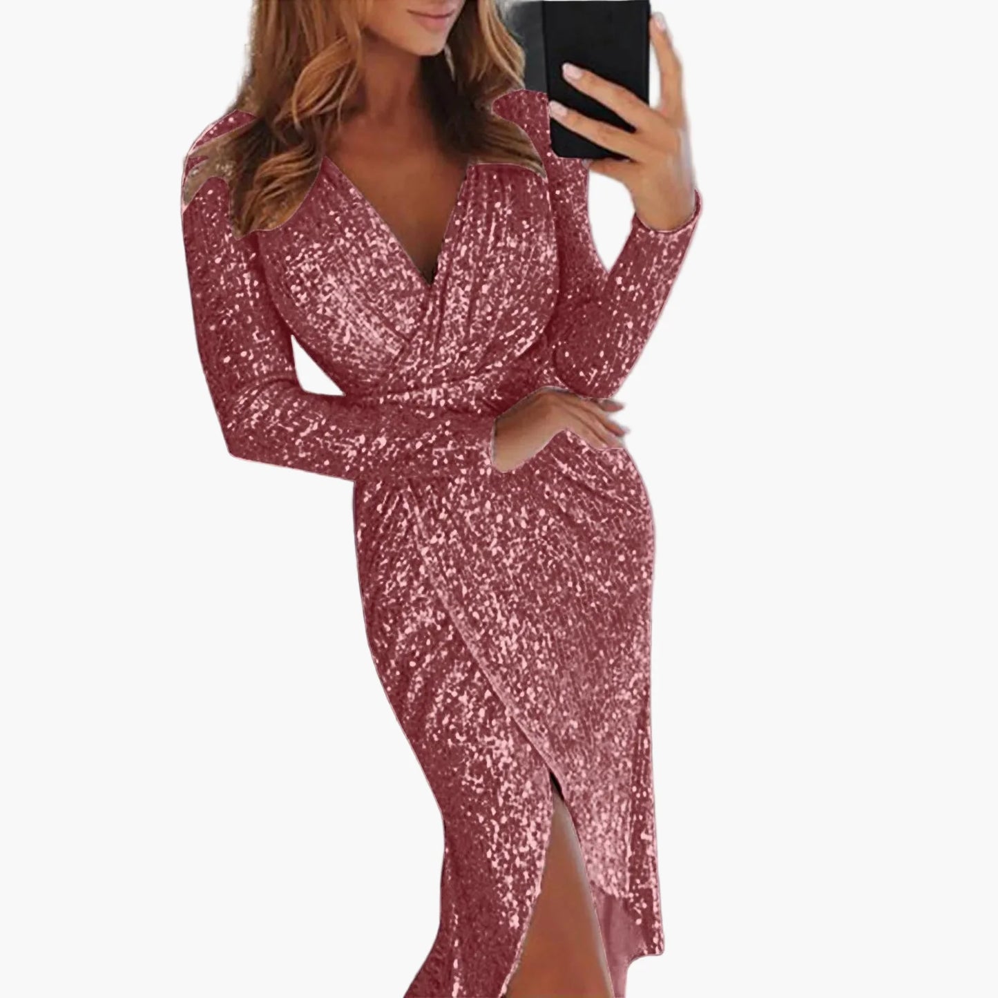 Damen Elegantes Partykleid mit Pailletten und Wickeloptik – Tiefer V-Ausschnitt, Lange Ärmel, Perfekt für Abendveranstaltungen und Clubs