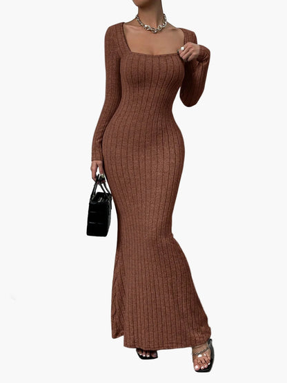 Damen Maxikleid mit langen Ärmeln und geripptem Bodycon-Schnitt – Elegantes Freizeitkleid für Alltag und besondere Anlässe