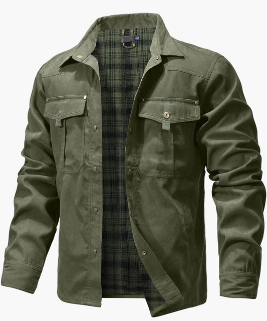 Herren Outdoor Overshirt Shacket Frühling Western Cowboy Stil – Freizeitjacke mit Flanellfutter und Druckknöpfen