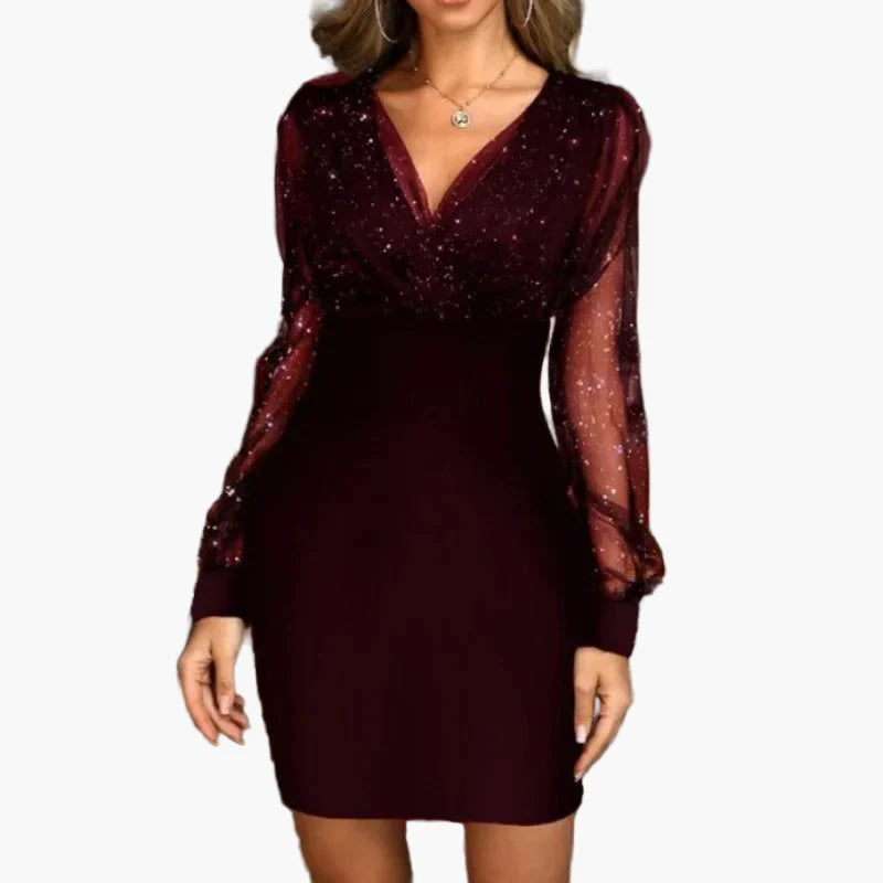 Damen Abendkleid mit Glitzer und transparenten Ärmeln – Elegantes Partykleid für festliche Anlässe