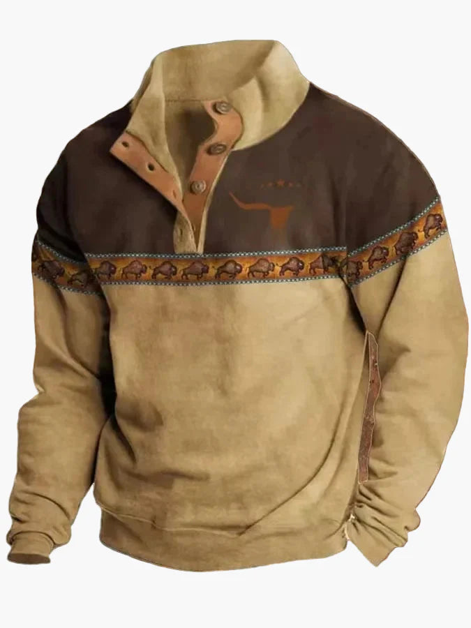 Herren Vintage Western Sweatshirt mit Ethno-Muster und Stehkragen – Freizeitpullover