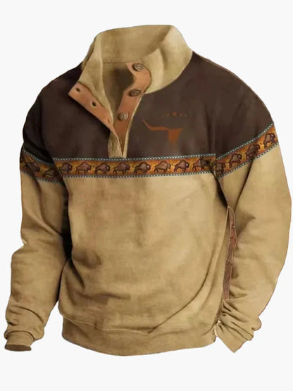 Herren Vintage Western Sweatshirt mit Ethno-Muster und Stehkragen – Freizeitpullover