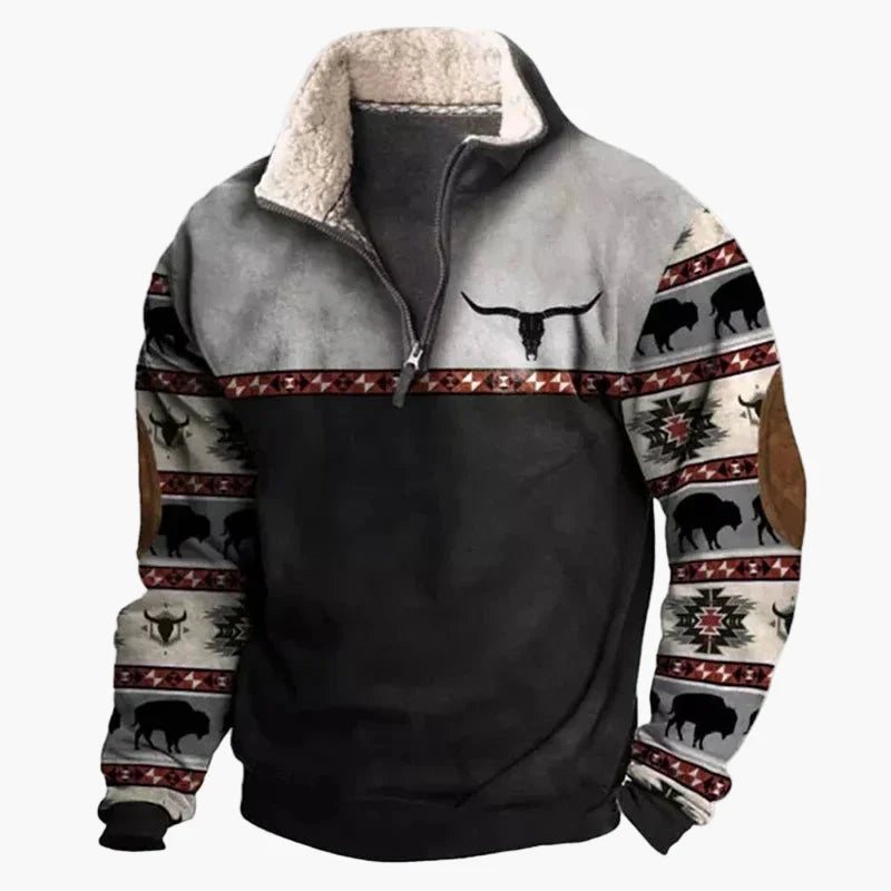 Herren Western Style Pullover mit Azteken-Muster und Longhorn-Motiv – Bequemer Freizeit-Sweater für Outdoor & Alltag