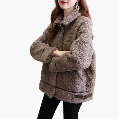 Damen Teddyfell Übergangsjacke mit Stehkragen – Modische Freizeitjacke für Herbst und Winter