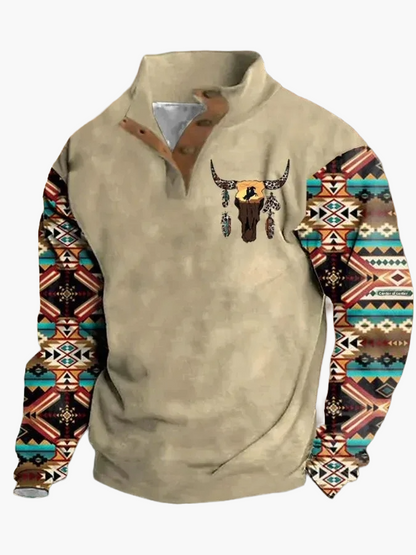 Herren Vintage Western Sweatshirt mit Ethno-Muster und Stehkragen – Freizeitpullover