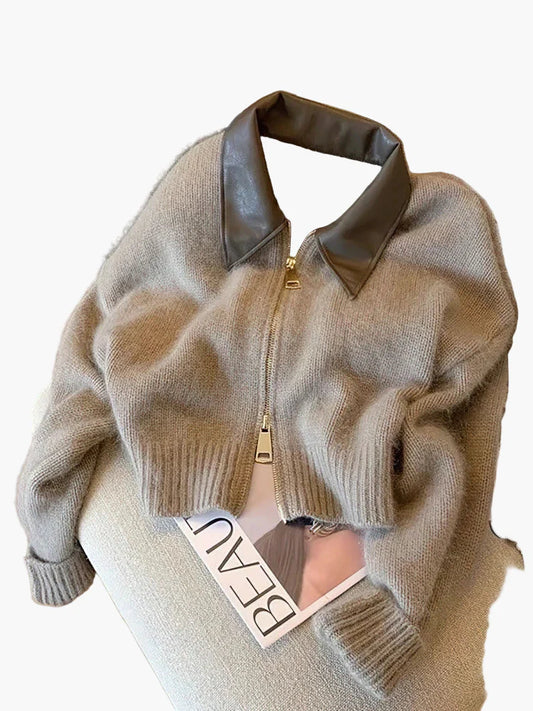 Damen Strickjacke mit Reißverschluss und elegantem Kragen – Modischer Cropped Cardigan für Alltag und Büro