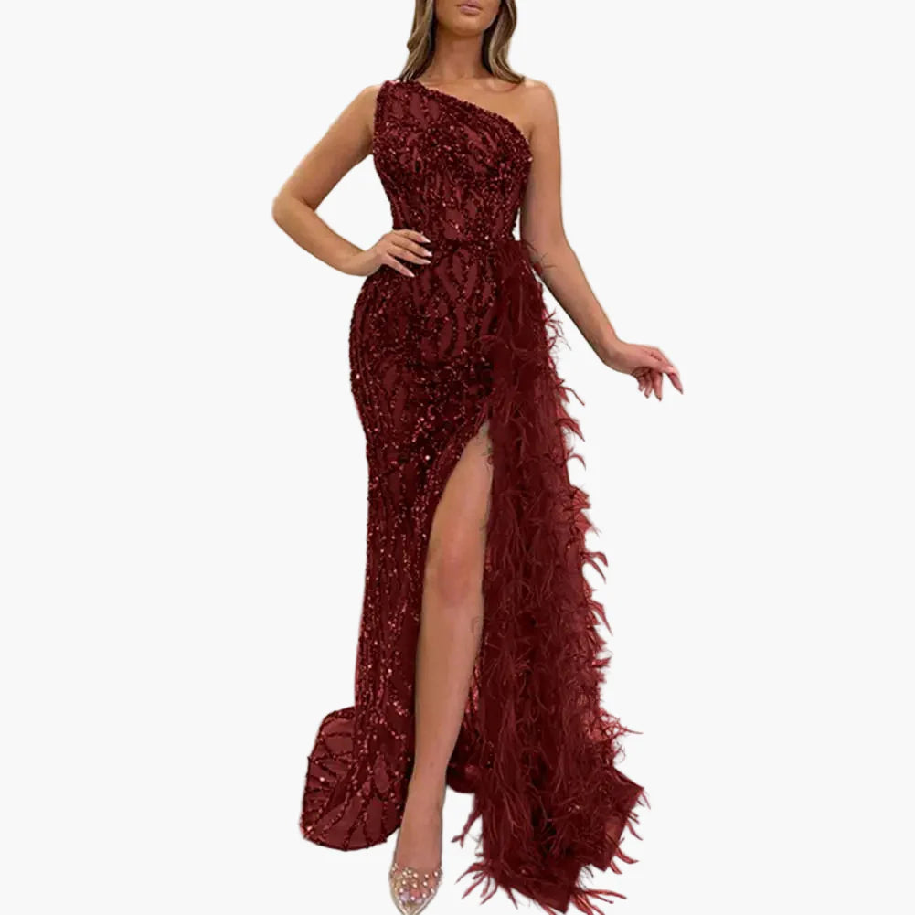 Damen Abendkleid Asymmetrisch mit Pailletten und Federn – Elegantes Ein-Schulter-Maxikleid für Party & Gala