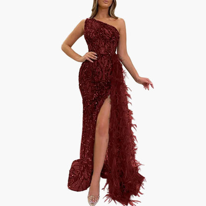 Damen Abendkleid Asymmetrisch mit Pailletten und Federn – Elegantes Ein-Schulter-Maxikleid für Party & Gala