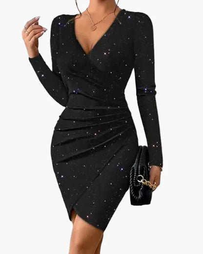 Damen Elegantes Partykleid mit Wickeloptik und Glitzer-Effekt – Figurbetontes Minikleid für Abend & Events