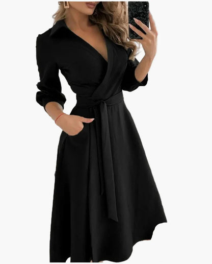 Damen Wickelkleid mit Gürtel und Kragen – Elegantes Freizeitkleid für Alltag und Büro