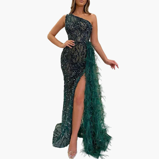 Damen Abendkleid Asymmetrisch mit Pailletten und Federn – Elegantes Ein-Schulter-Maxikleid für Party & Gala