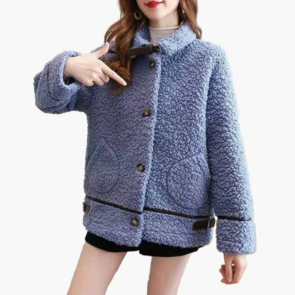 Damen Teddyfell Übergangsjacke mit Stehkragen – Modische Freizeitjacke für Herbst und Winter