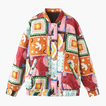 Damen Patchwork Bomberjacke im Vintage-Stil – Modische Übergangsjacke mit Grafikprint