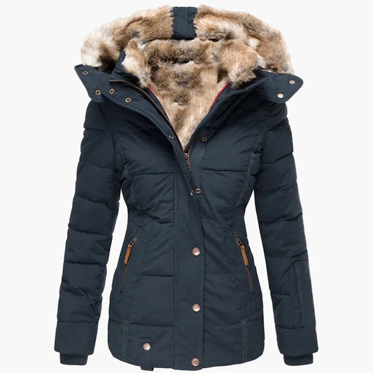 Damen Winterjacke mit Kapuze und Kunstfellbesatz – Elegante, taillierte Outdoorjacke für kalte Tage