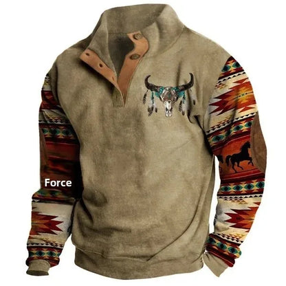 Herren Vintage Western Sweatshirt mit Ethno-Muster und Stehkragen – Freizeitpullover