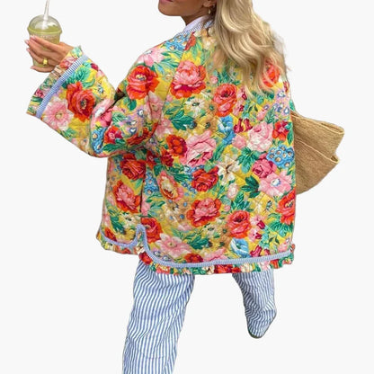 Damen Boho Steppjacke mit Blumenmuster – Lässige Frühlingsjacke für Freizeit und Urlaub
