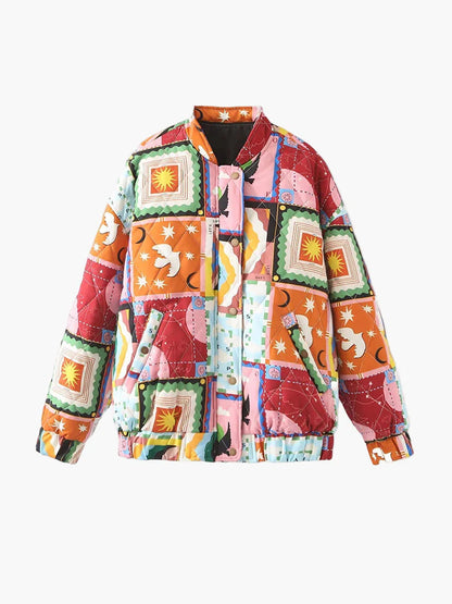 Damen Patchwork Bomberjacke im Vintage-Stil – Modische Übergangsjacke mit Grafikprint