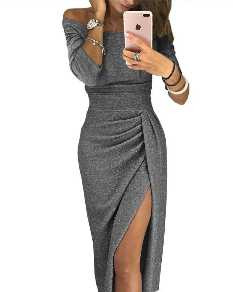 Damen Schulterfreies Abendkleid mit Hohem Schlitz – Elegantes Figurbetontes Partykleid