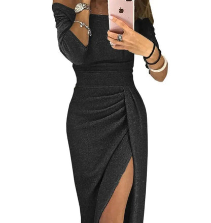 Damen Schulterfreies Abendkleid mit Hohem Schlitz – Elegantes Figurbetontes Partykleid