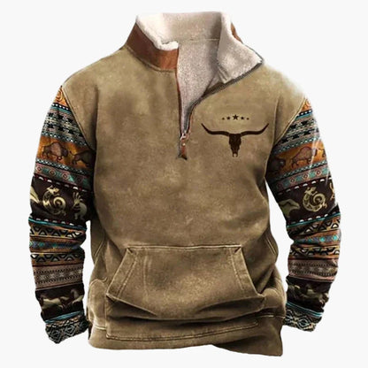 Herren Western Style Pullover mit Azteken-Muster und Longhorn-Motiv – Bequemer Freizeit-Sweater für Outdoor & Alltag
