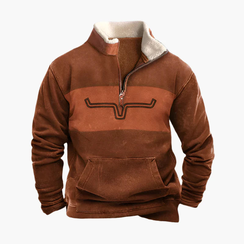 Herren Vintage Quarter-Zip Pullover mit Ethno-Print und Sherpa-Futter – Freizeit & Outdoor