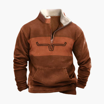 Herren Vintage Quarter-Zip Pullover mit Ethno-Print und Sherpa-Futter – Freizeit & Outdoor