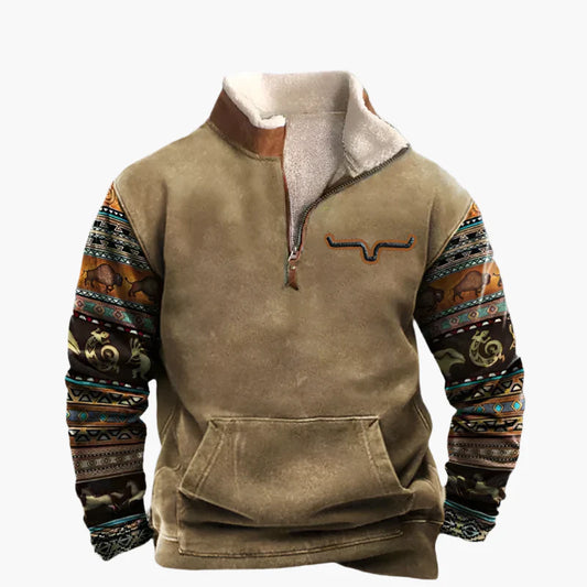 Herren Vintage Quarter-Zip Pullover mit Ethno-Print und Sherpa-Futter – Freizeit & Outdoor