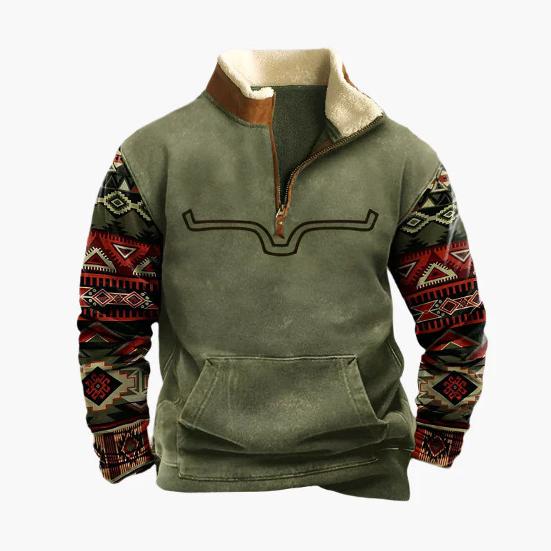 Herren Vintage Quarter-Zip Pullover mit Ethno-Print und Sherpa-Futter – Freizeit & Outdoor