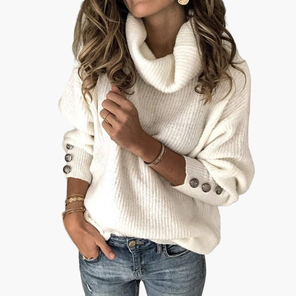 Damen Pullover mit Rollkragen und Knopfdetails – Modischer Freizeit Strickpullover