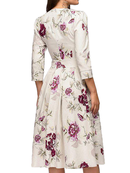 Damen A-Linienkleid mit Blumenmuster – Elegantes Midikleid für Büro und besondere Anlässe