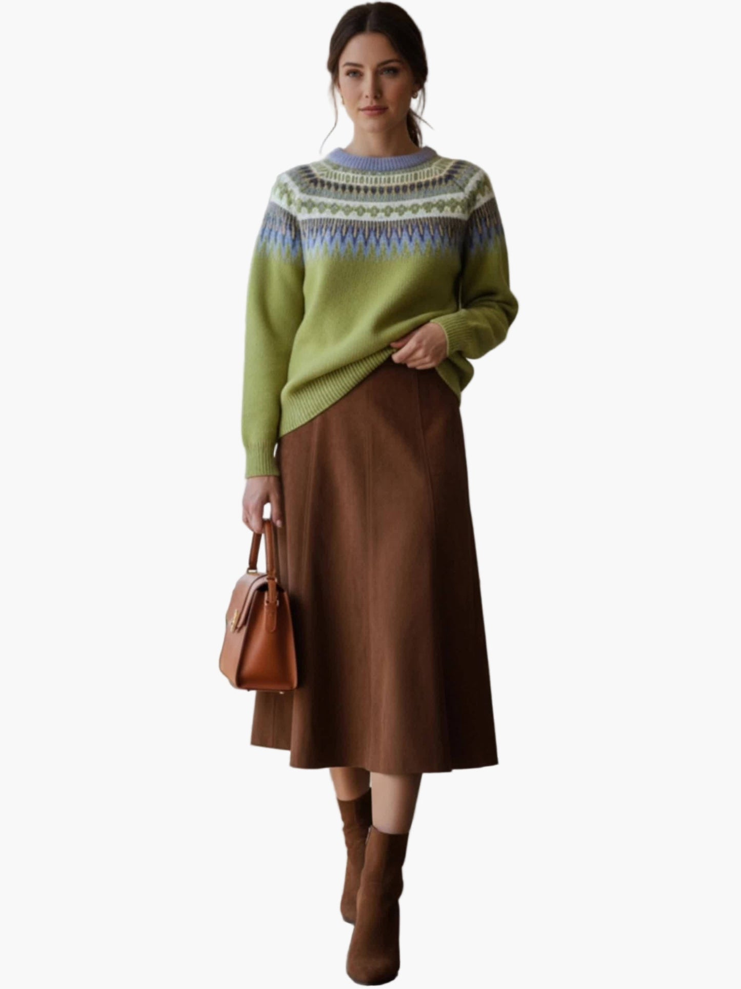 Damen Strickpullover mit geometrischem Muster und A-Linien Rock – Eleganter Freizeit-Look für Herbst und Frühling