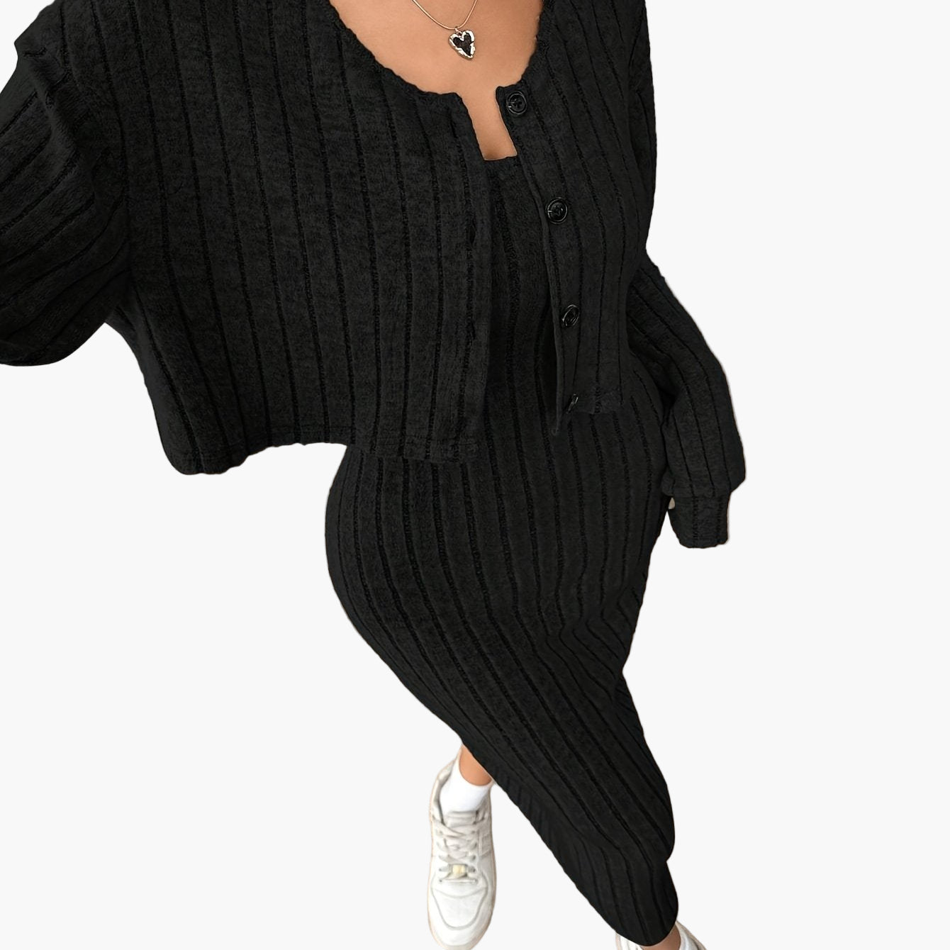 Damen Strick Zweiteiler Set Elegant Freizeit mit Cardigan und Kleid – Ideal für Alltag & Büro