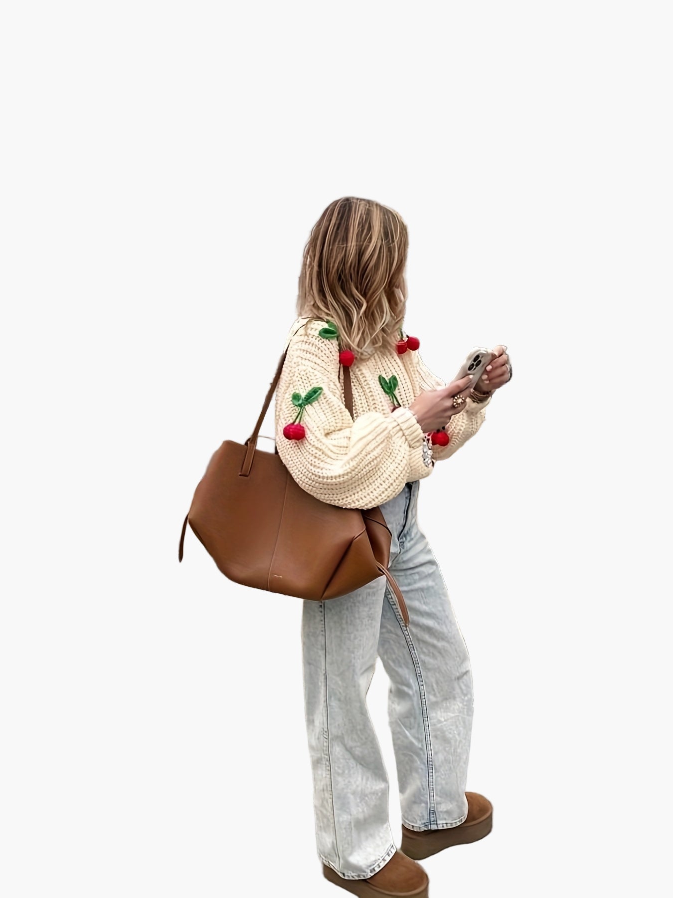 Damen Pullover mit Kirsch-Stickerei und lässigem Strick-Design – Verspielter Herbst/Winter Style