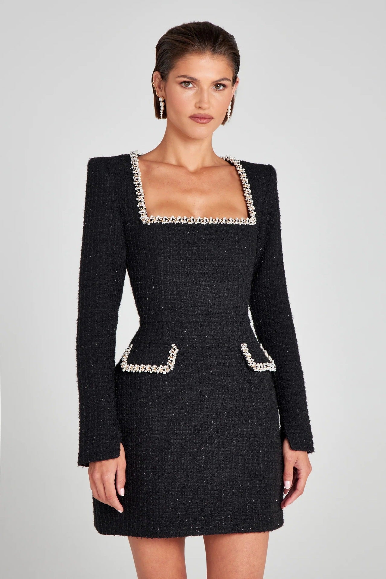 Damen Elegantes Tweed-Minikleid – Perlenbesatz, Lange Ärmel, Schwarz