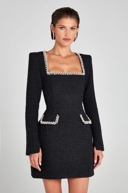 Damen Elegantes Tweed-Minikleid – Perlenbesatz, Lange Ärmel, Schwarz