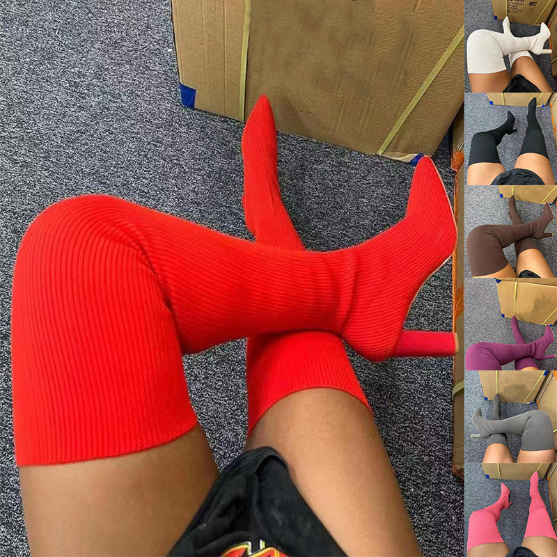 Kate – Über-Knie Kunstleder Stiefel mit spitzer Zehe und hohem Absatz