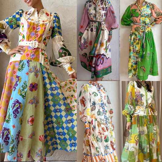 Christina – A-Linien Strandkleid mit Gürtel und langen Laternenärmeln