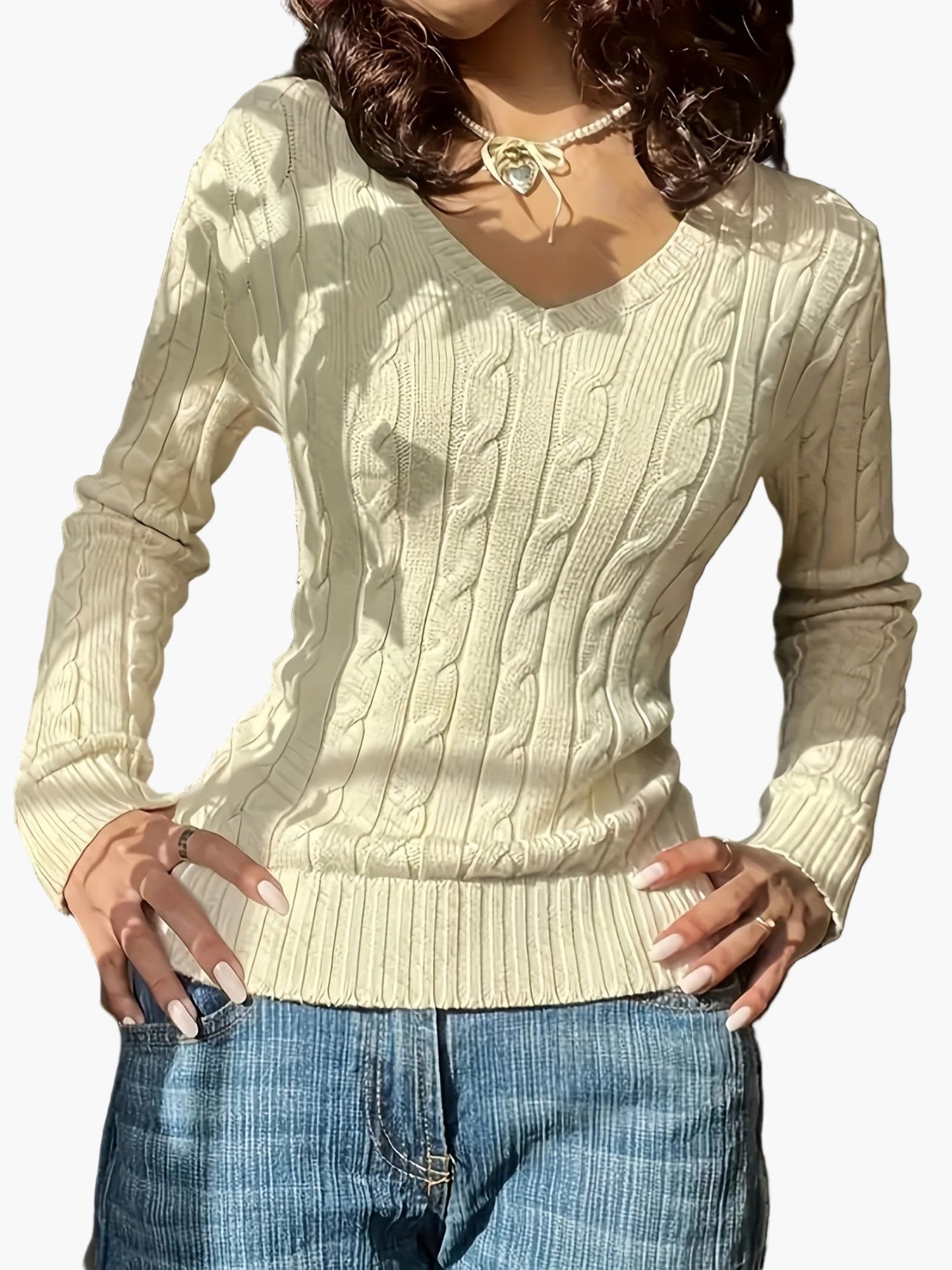 Damen Pullover im Zopfmuster mit V-Ausschnitt – Modischer Freizeit Strickpullover