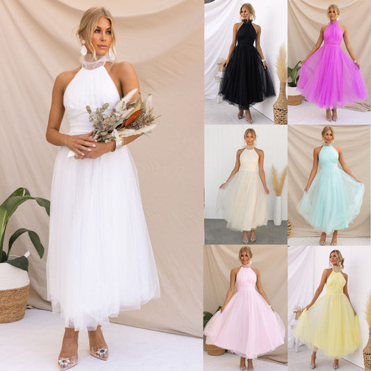 Elegantes weißes Tüll-Midikleid für Damen – Ärmelloses Halterneck-Kleid für Hochzeit & Events