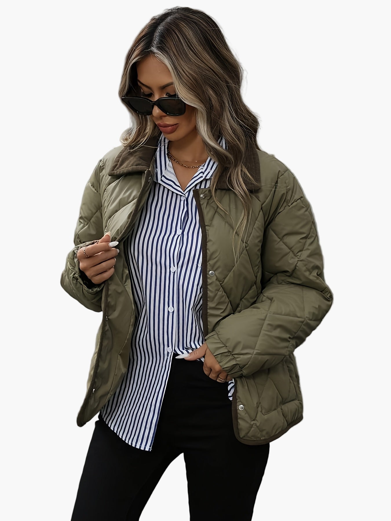 Damen Steppjacke Vintage Stil Übergangsjacke mit Kontrastkragen – Modisch & Vielseitig für Alltag und Freizeit